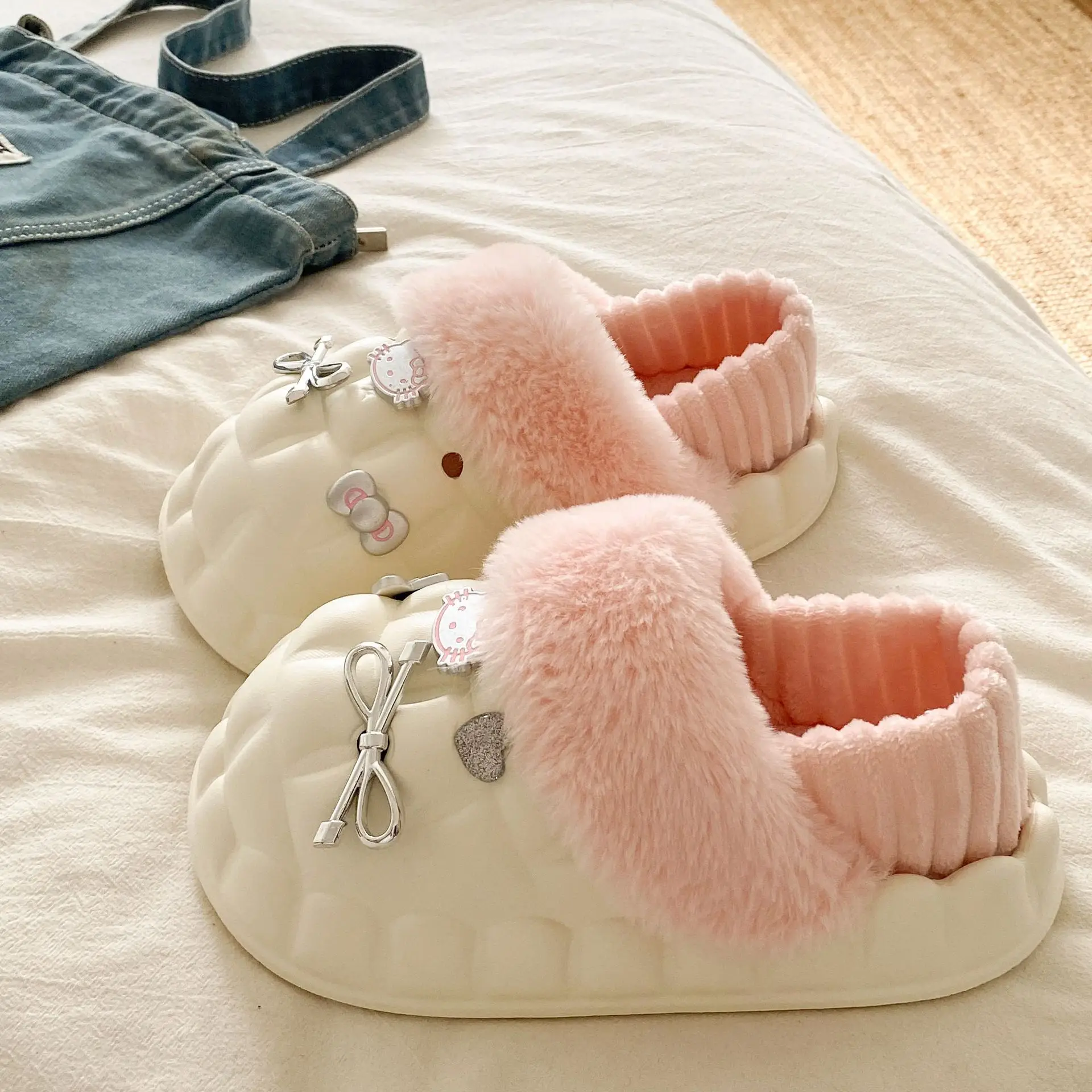 Pink Plush Cotton Winter Slippers for Women