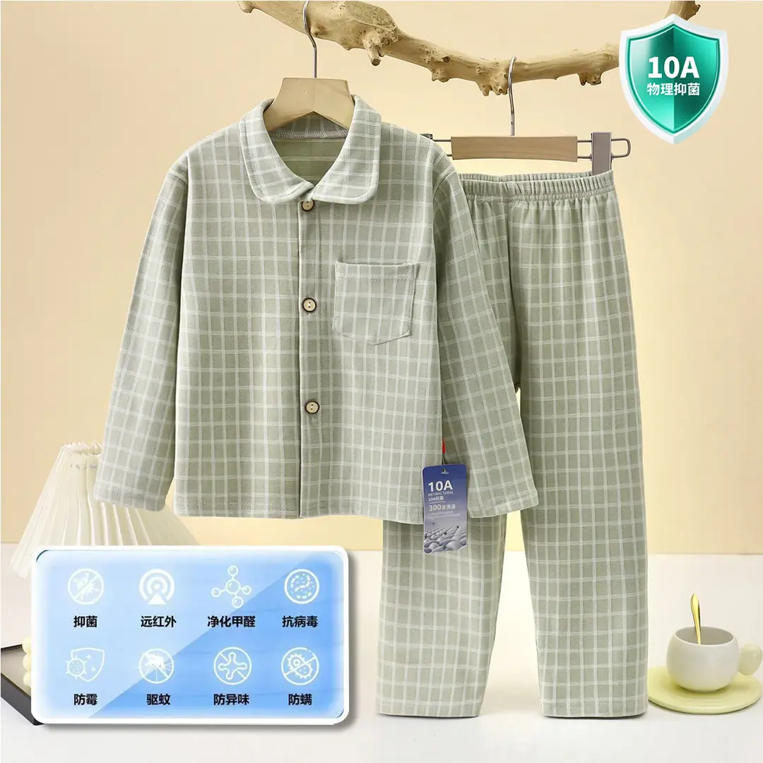 10A-Antibacterial Kidsren's Plaid Autumn and Winter German Velvet Pants Home Clothes for Boys and Girls Lapel Girls Long-Sleeved Suit