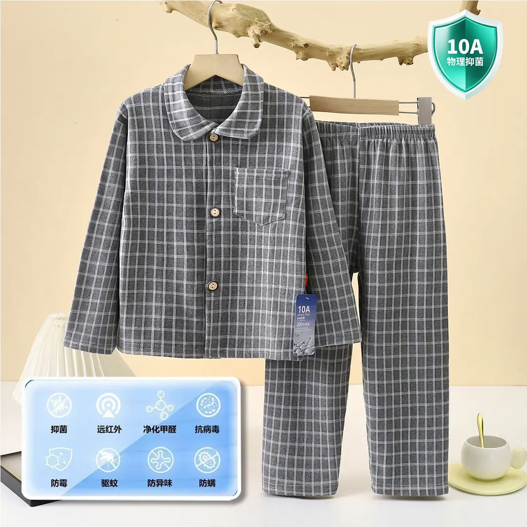 10A-Antibacterial Kidsren's Plaid Autumn and Winter German Velvet Pants Home Clothes for Boys and Girls Lapel Girls Long-Sleeved Suit