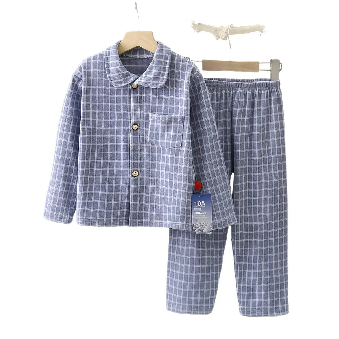 10A-Antibacterial Kidsren's Plaid Autumn and Winter German Velvet Pants Home Clothes for Boys and Girls Lapel Girls Long-Sleeved Suit