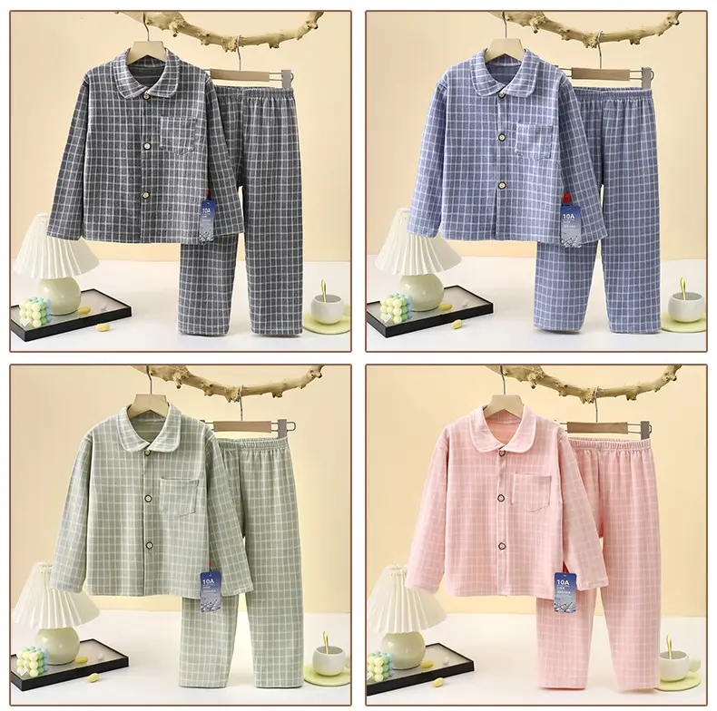 10A-Antibacterial Kidsren's Plaid Autumn and Winter German Velvet Pants Home Clothes for Boys and Girls Lapel Girls Long-Sleeved Suit — feature 15