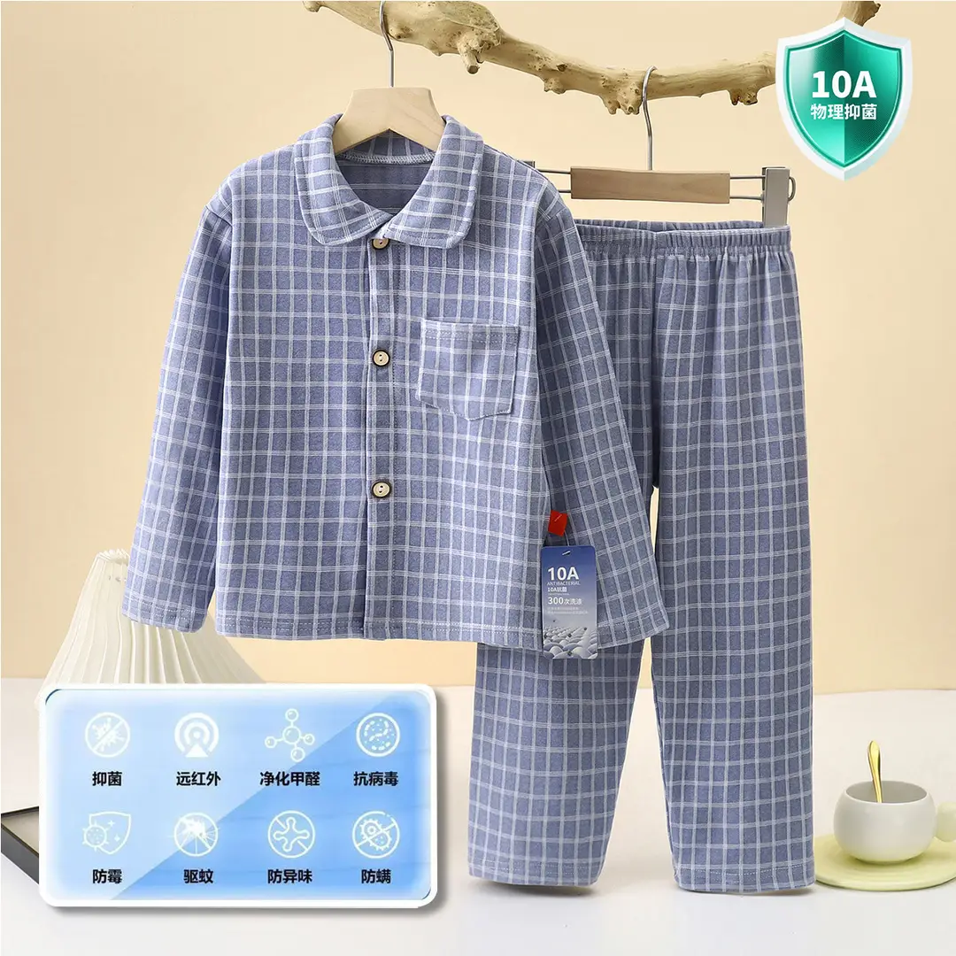 10A-Antibacterial Kidsren's Plaid Autumn and Winter German Velvet Pants Home Clothes for Boys and Girls Lapel Girls Long-Sleeved Suit
