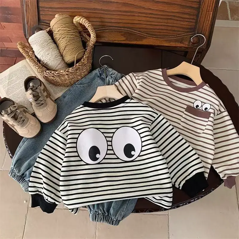 Children's Striped Long Sleeve T-Shirt Brown Black Cartoon Print - Image 4
