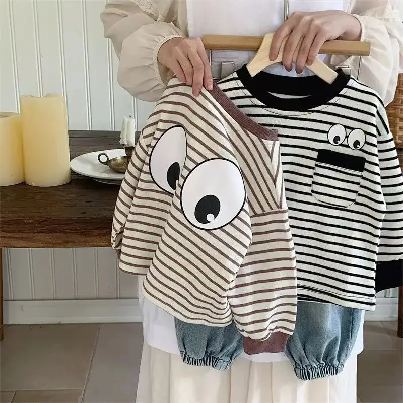 Children's Striped Long Sleeve T-Shirt Brown Black Cartoon Print — feature 2