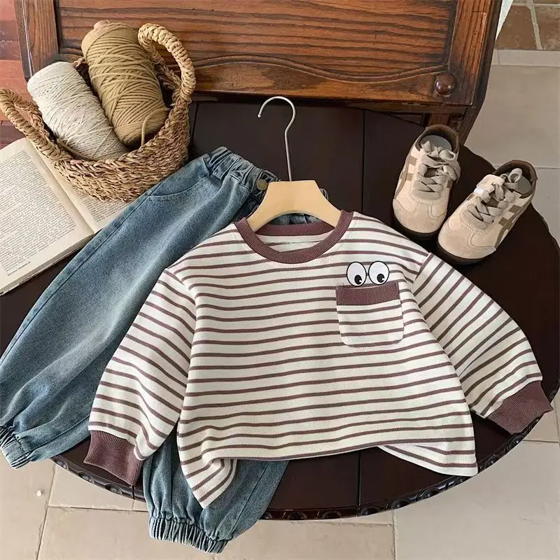 Children's Striped Long Sleeve T-Shirt Brown Black Cartoon Print — feature 3