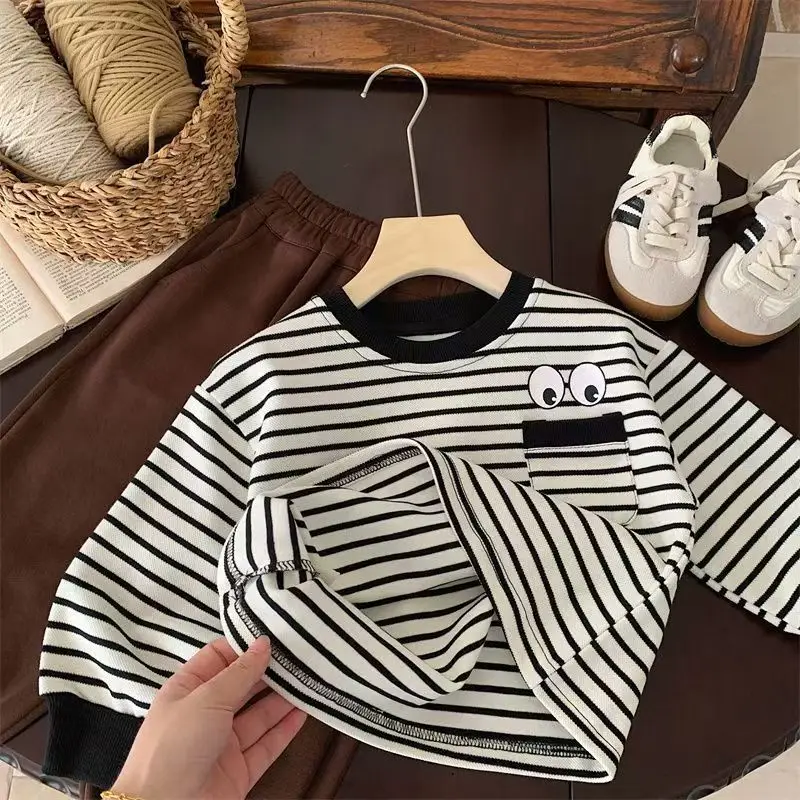 Children's Striped Long Sleeve T-Shirt Brown Black Cartoon Print — feature 4