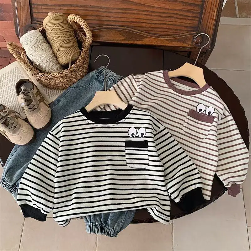 Children's Striped Long Sleeve T-Shirt Brown Black Cartoon Print — feature 6