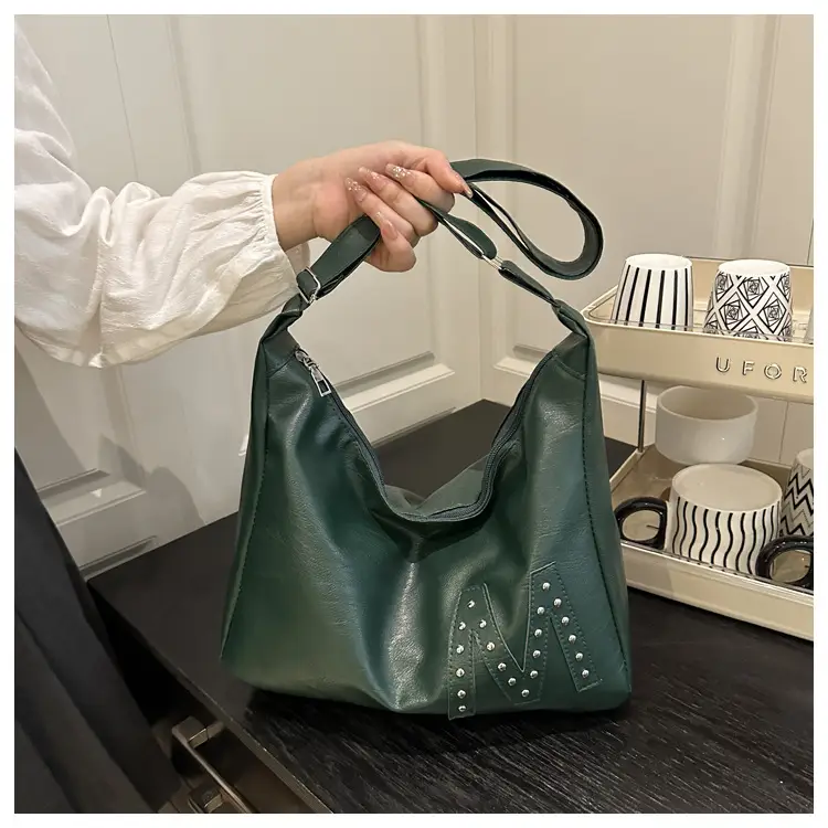 Vintage Brown Leather Shoulder Bag with Studded Design — feature 11