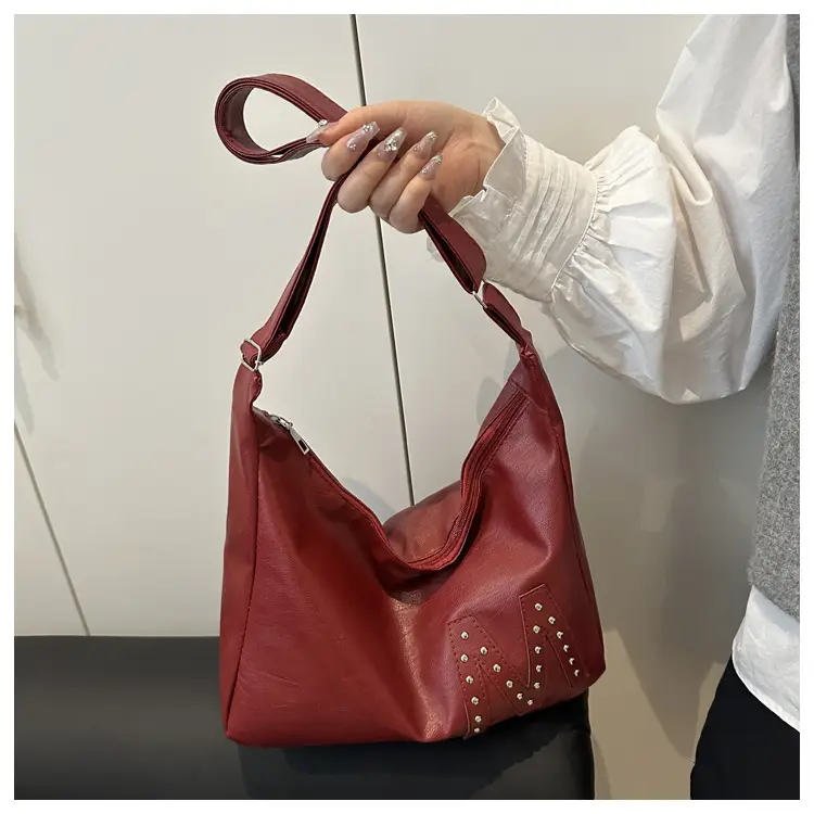 Vintage Brown Leather Shoulder Bag with Studded Design — feature 14