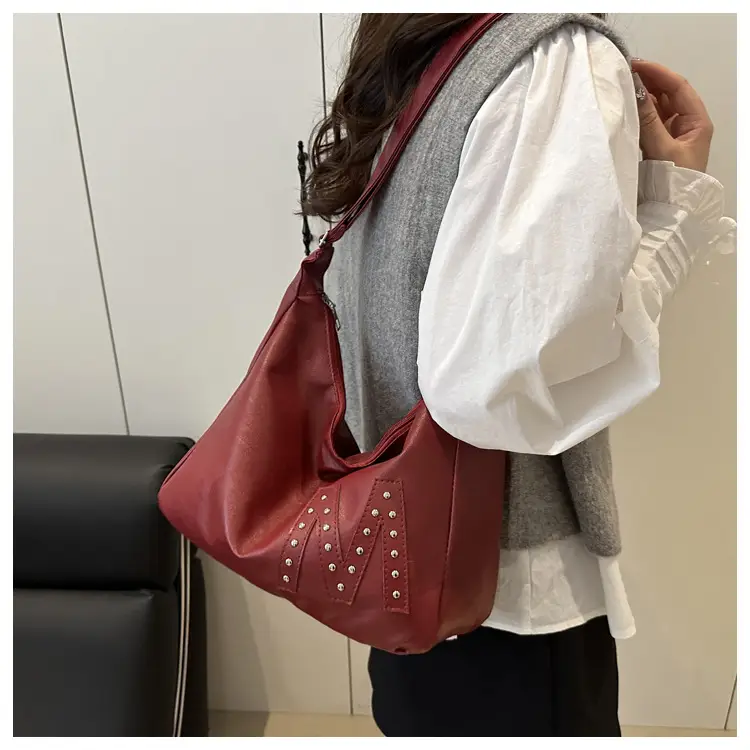 Vintage Brown Leather Shoulder Bag with Studded Design — feature 15