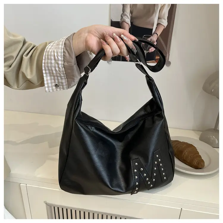 Vintage Brown Leather Shoulder Bag with Studded Design — feature 17