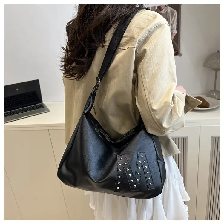 Vintage Brown Leather Shoulder Bag with Studded Design — feature 18