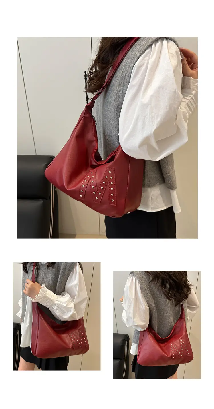 Vintage Brown Leather Shoulder Bag with Studded Design — feature 22