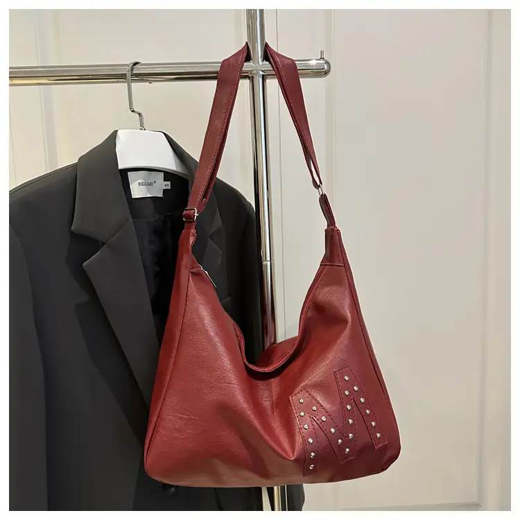 Vintage Brown Leather Shoulder Bag with Studded Design — feature 25