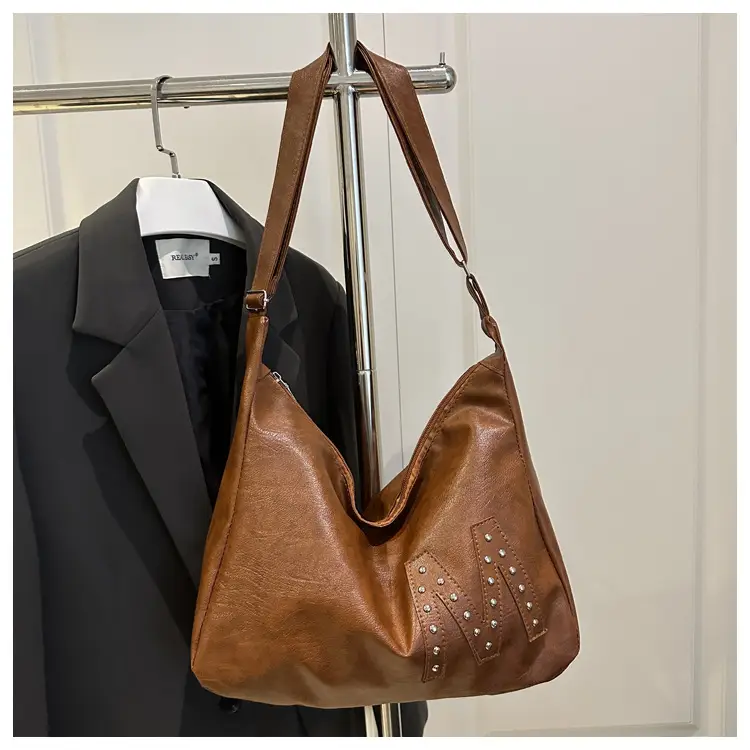 Vintage Brown Leather Shoulder Bag with Studded Design — feature 27