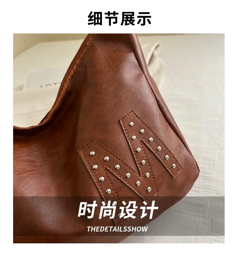 Vintage Brown Leather Shoulder Bag with Studded Design — feature 3