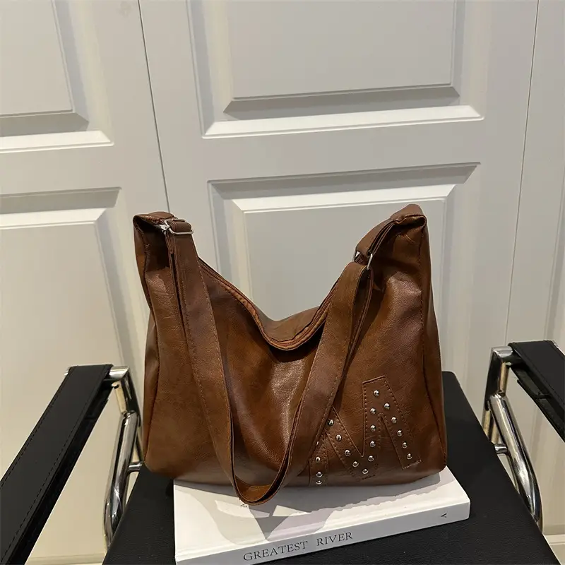 Vintage Brown Leather Shoulder Bag with Studded Design - Image 2