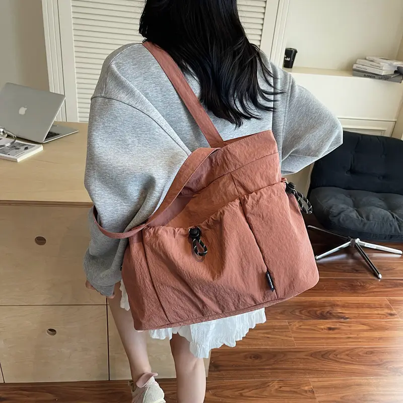 Women Large Capacity Pleated Nylon Tote Bag Beige - Image 8