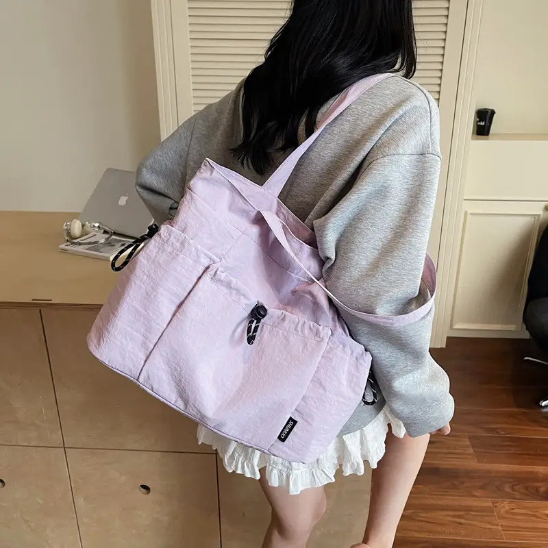 Women Large Capacity Pleated Nylon Tote Bag Beige - Image 9