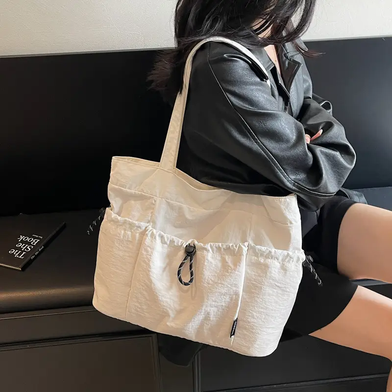 Women Large Capacity Pleated Nylon Tote Bag Beige - Image 10
