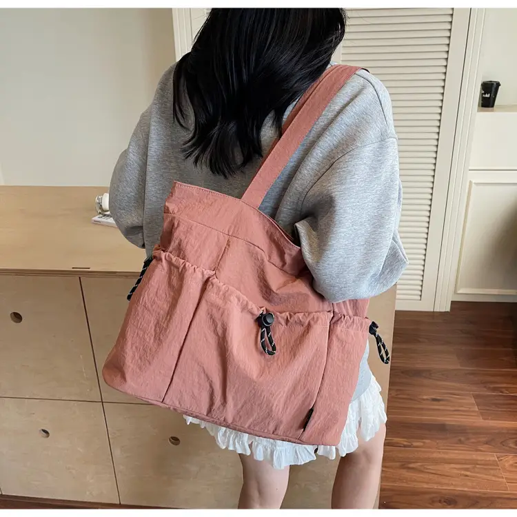 Women Large Capacity Pleated Nylon Tote Bag Beige — feature 13
