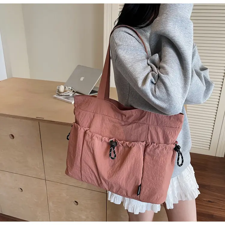 Women Large Capacity Pleated Nylon Tote Bag Beige — feature 14