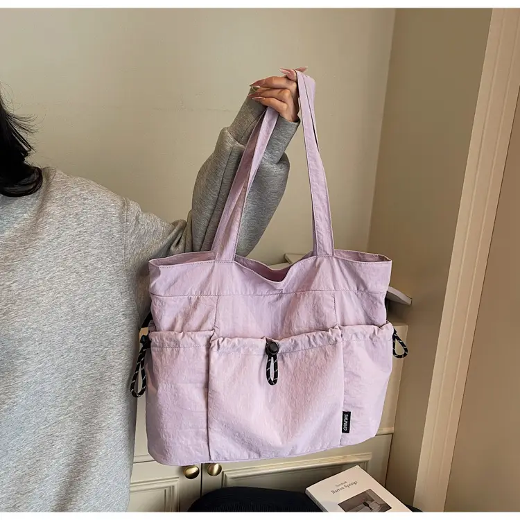 Women Large Capacity Pleated Nylon Tote Bag Beige — feature 15