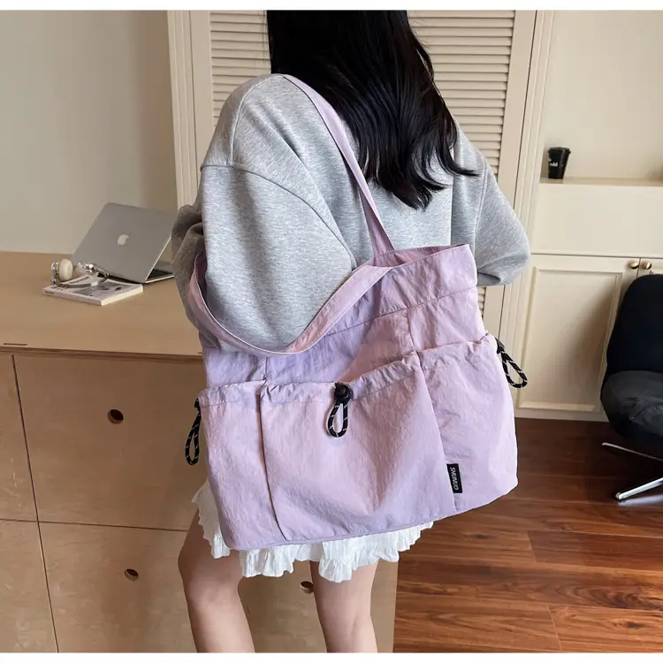 Women Large Capacity Pleated Nylon Tote Bag Beige — feature 16