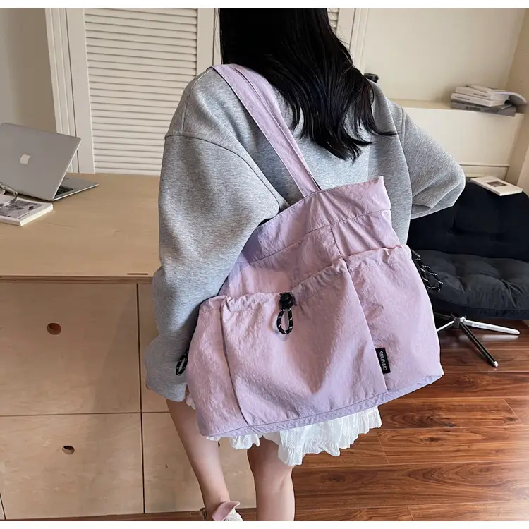 Women Large Capacity Pleated Nylon Tote Bag Beige — feature 17