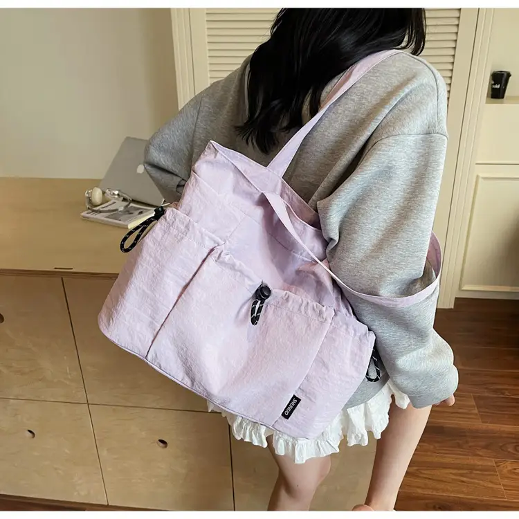 Women Large Capacity Pleated Nylon Tote Bag Beige — feature 18