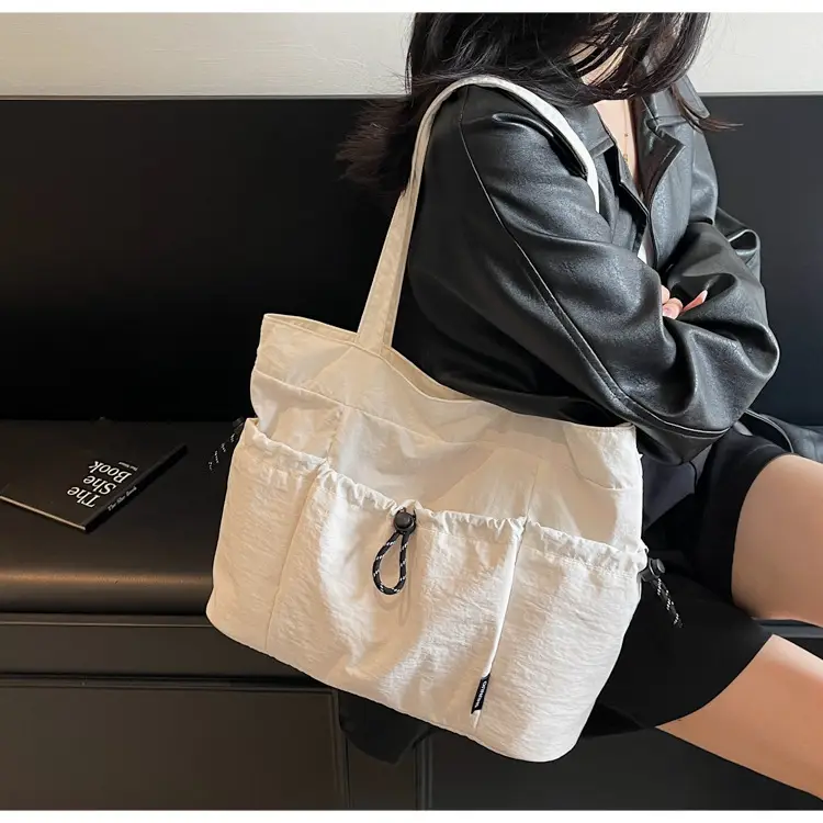 Women Large Capacity Pleated Nylon Tote Bag Beige — feature 19