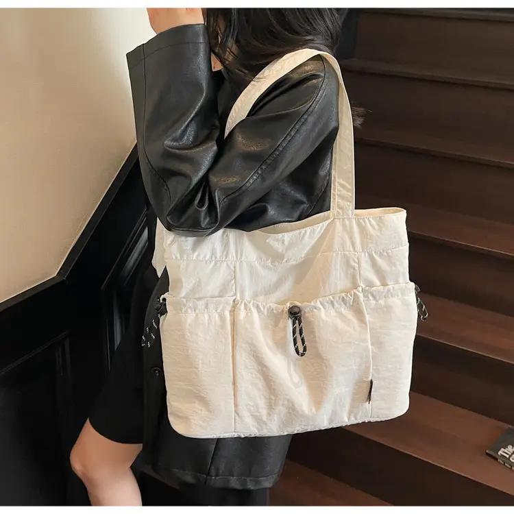 Women Large Capacity Pleated Nylon Tote Bag Beige — feature 21