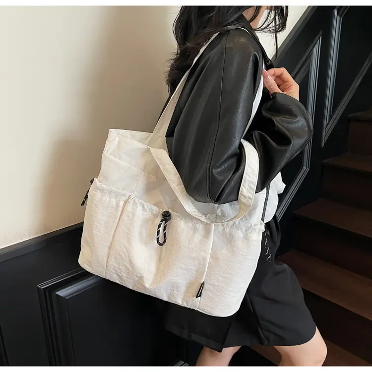 Women Large Capacity Pleated Nylon Tote Bag Beige — feature 22