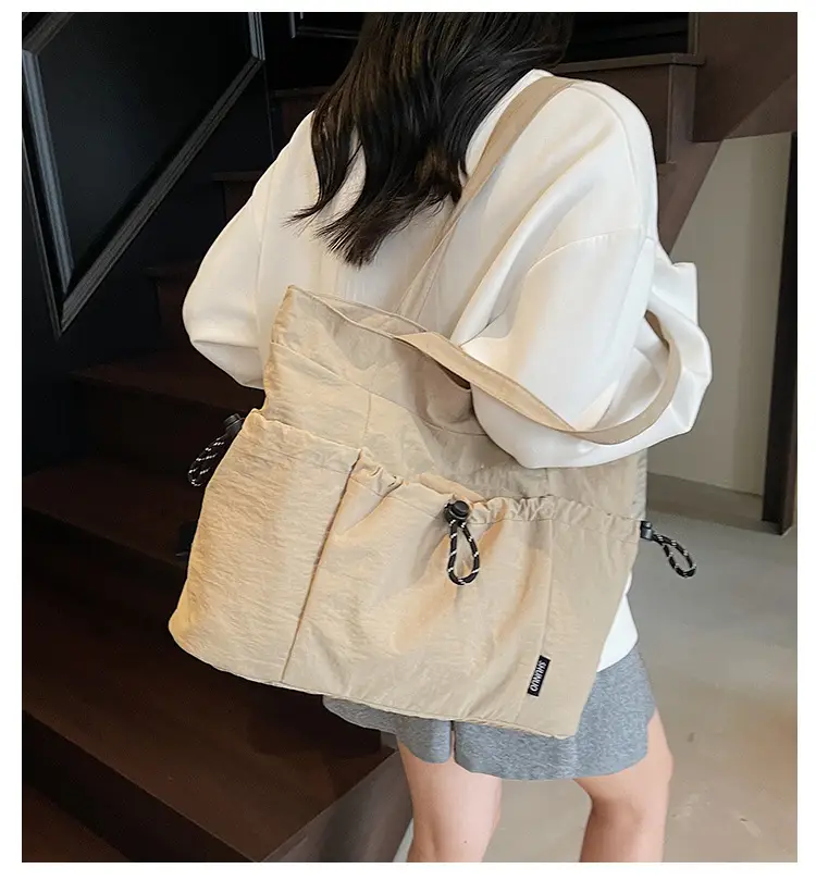 Women Large Capacity Pleated Nylon Tote Bag Beige — feature 3
