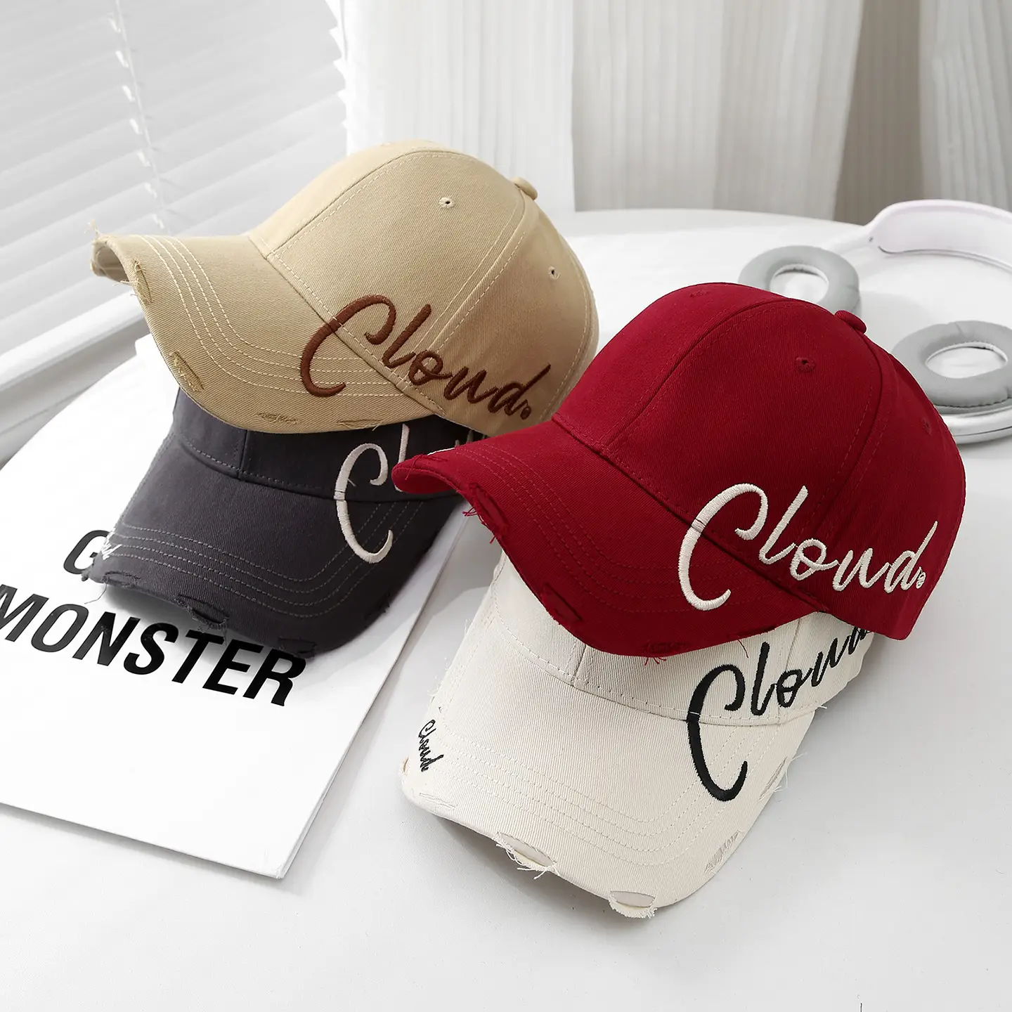 Women's Red Embroidered Baseball Cap Wide Brim Sun Hat - Image 11