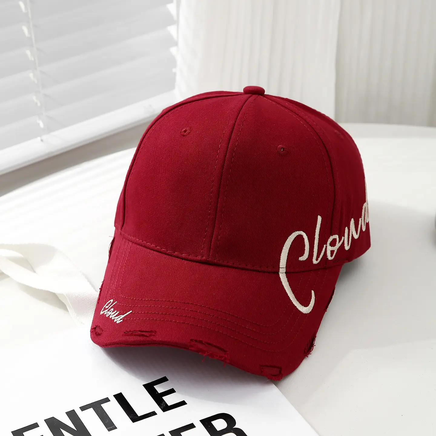 Women's Red Embroidered Baseball Cap Wide Brim Sun Hat — feature 5