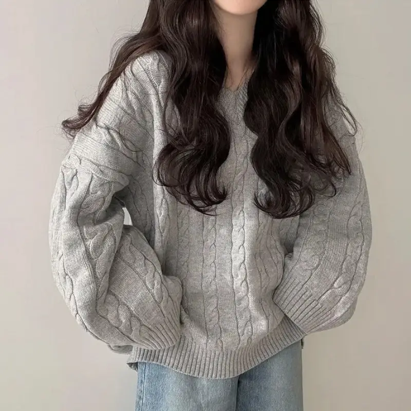 Women Cable Knit Sweater Grey Loose Lazy Autumn Winter - Image 5