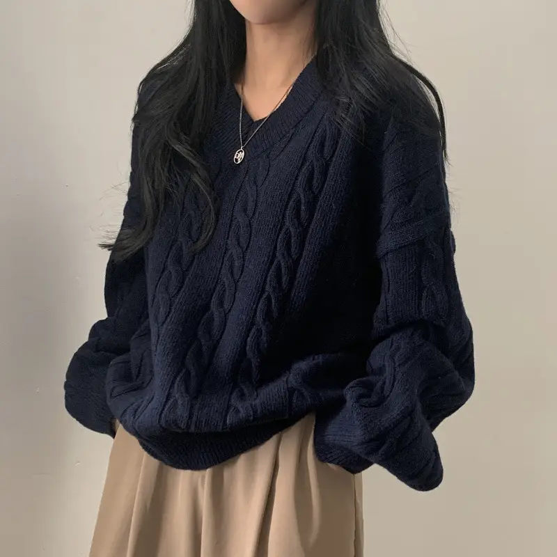 Women Cable Knit Sweater Grey Loose Lazy Autumn Winter - Image 3