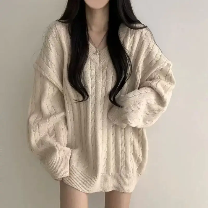 Women Cable Knit Sweater Grey Loose Lazy Autumn Winter - Image 6