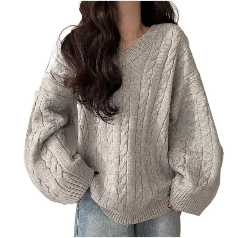 Women Cable Knit Sweater Grey Loose Lazy Autumn Winter - Image 7