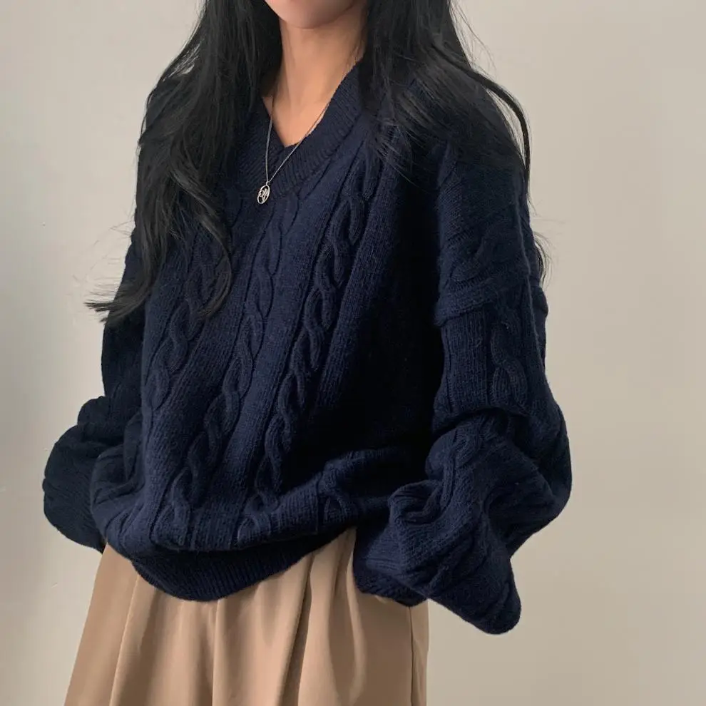 Women Cable Knit Sweater Grey Loose Lazy Autumn Winter — feature 10