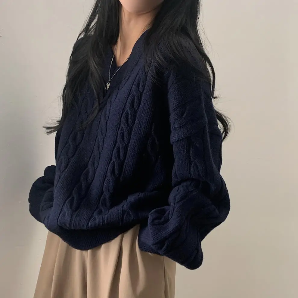 Women Cable Knit Sweater Grey Loose Lazy Autumn Winter — feature 12