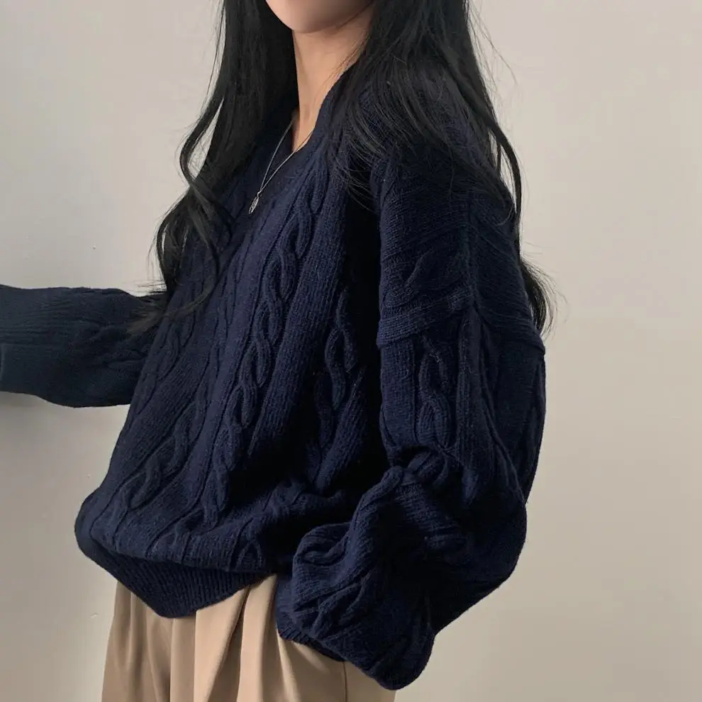 Women Cable Knit Sweater Grey Loose Lazy Autumn Winter — feature 13