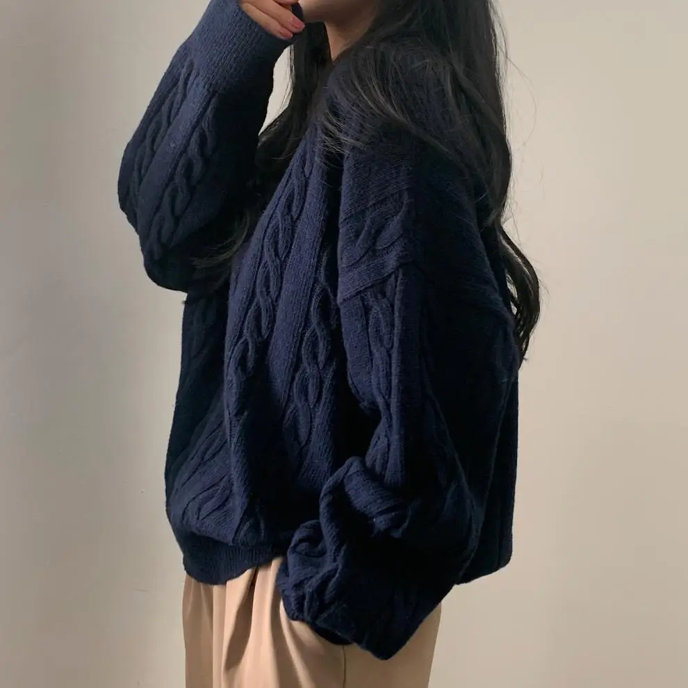 Women Cable Knit Sweater Grey Loose Lazy Autumn Winter — feature 14