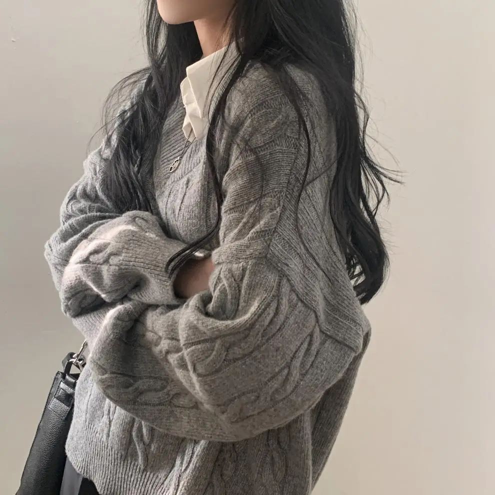 Women Cable Knit Sweater Grey Loose Lazy Autumn Winter — feature 16