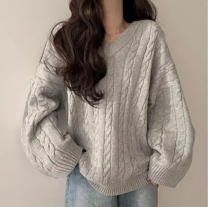 Women Cable Knit Sweater Grey Loose Lazy Autumn Winter — feature 17
