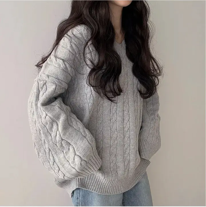 Women Cable Knit Sweater Grey Loose Lazy Autumn Winter — feature 18