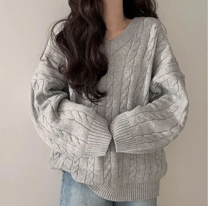 Women Cable Knit Sweater Grey Loose Lazy Autumn Winter — feature 19