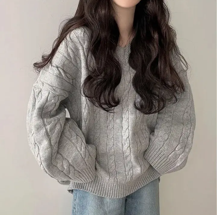 Women Cable Knit Sweater Grey Loose Lazy Autumn Winter — feature 20