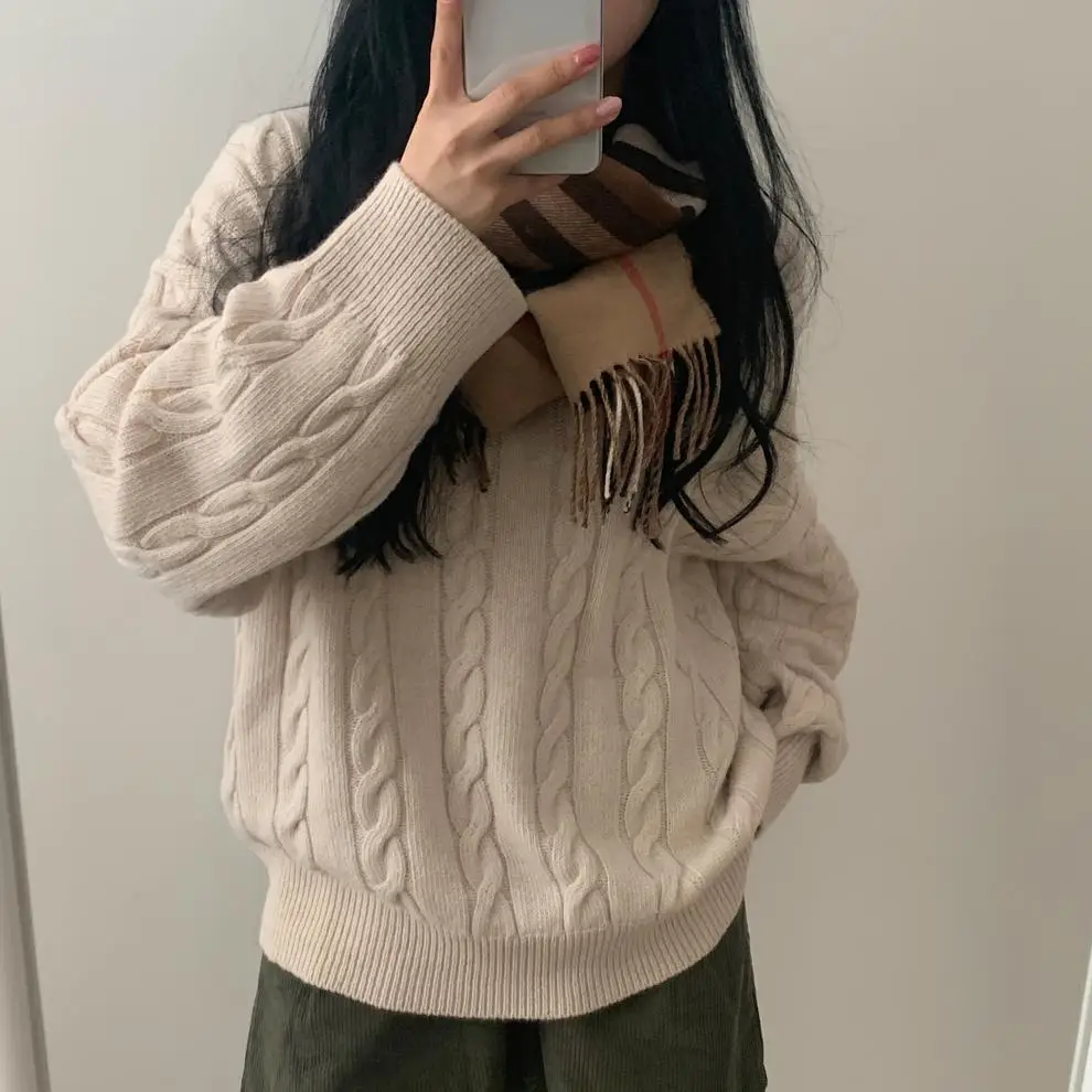 Women Cable Knit Sweater Grey Loose Lazy Autumn Winter — feature 5